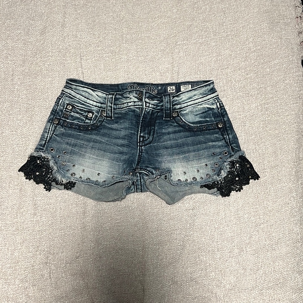 Miss Me Blue Denim Shorts with Black Lace Trim
